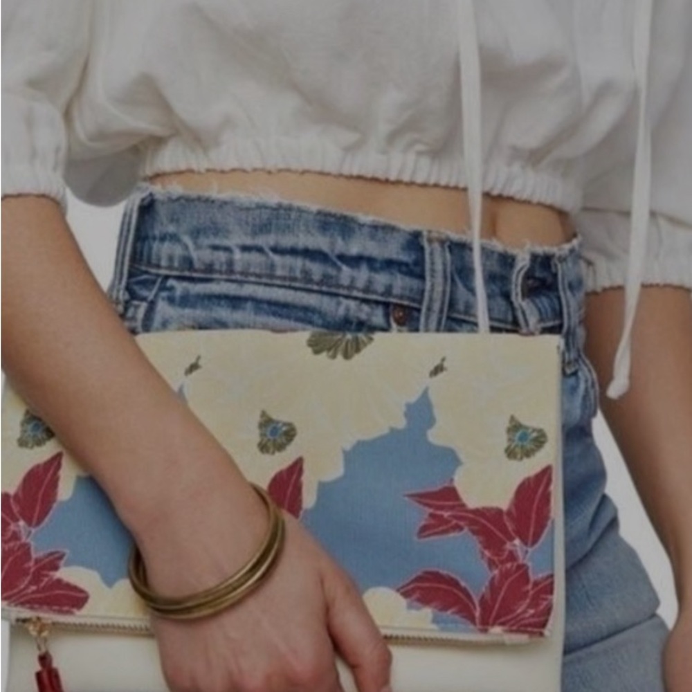 Rachel Pally Floral Cream Canvas Flap Clutch with floral design